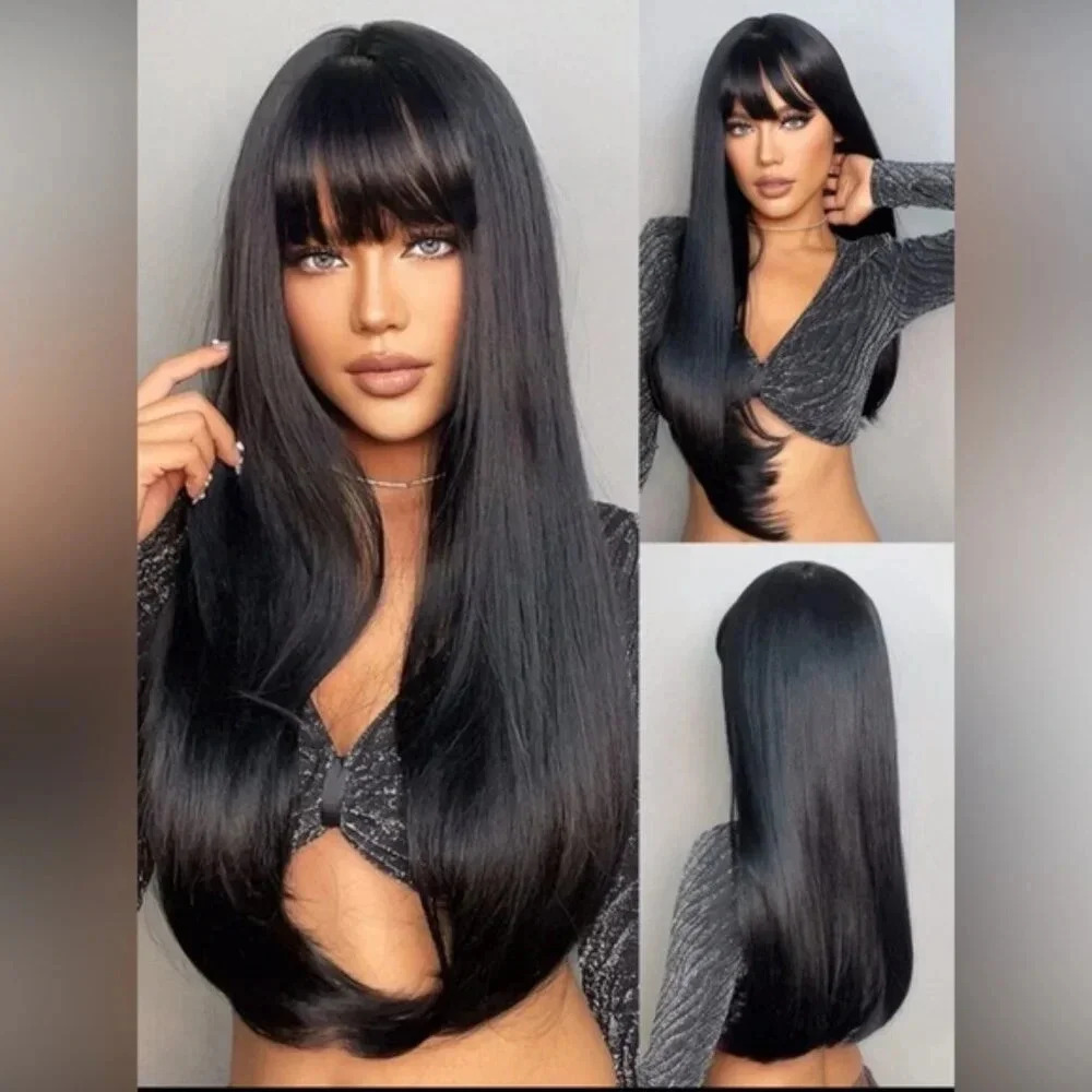 33 Inch Long Black Wig With Bangs Thick beautiful Hair - Picture 7 of 7